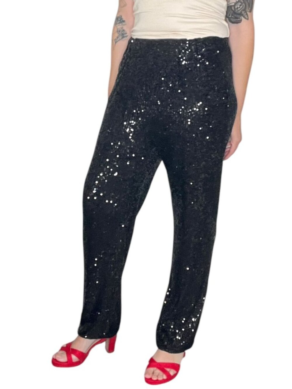 FARM Rio Straight Leg Sequin Pull-On Pants Elastic Waist BLACK Medium